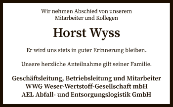 Todesanzeige von Horst Wyss von SYK