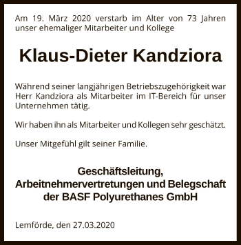 Todesanzeige von Klaus-Dieter Kandziora von SYK