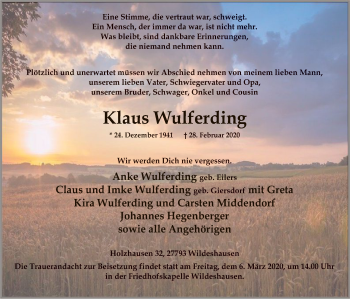 Todesanzeige von Klaus Wulferding von SYK