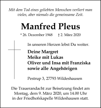 Todesanzeige von Manfred Pleus von SYK