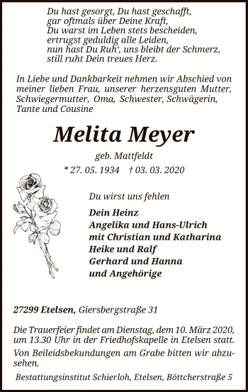 Todesanzeige von Melita Meyer von SYK