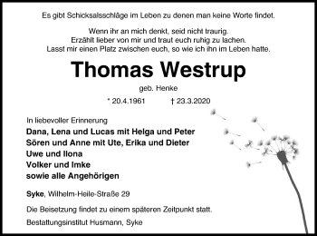 Todesanzeige von Thomas Westrup von SYK