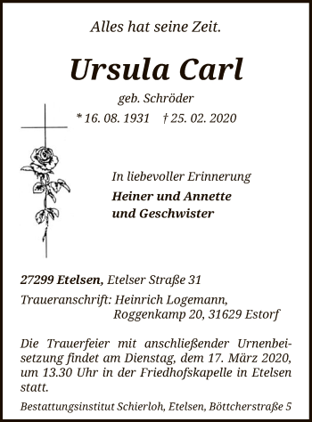 Todesanzeige von Ursula Carl von SYK