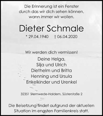 Todesanzeige von Dieter Schmale von SYK