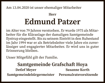 Todesanzeige von Edmund Patzer von SYK