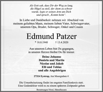 Todesanzeige von Edmund Patzer von SYK