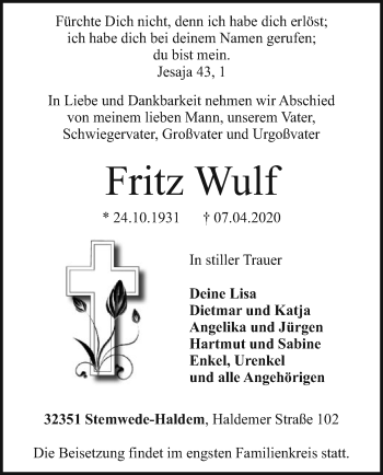 Todesanzeige von Fritz Wulf von SYK