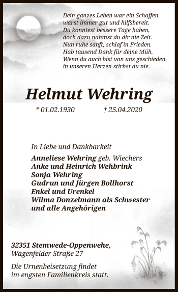 Todesanzeige von Helmut Wehring von SYK