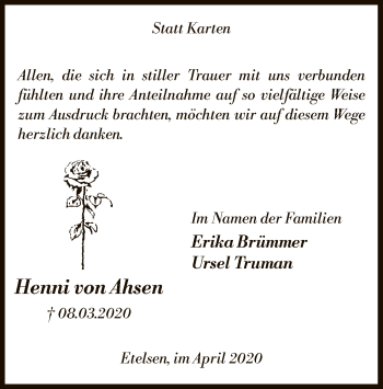 Todesanzeige von Henni von Ahsen von SYK