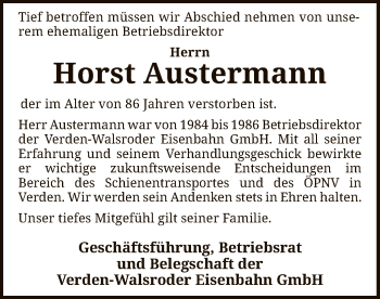 Todesanzeige von Horst Austermann von SYK