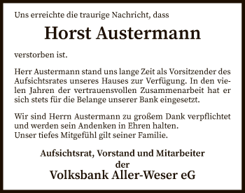 Todesanzeige von Horst Austermann von SYK