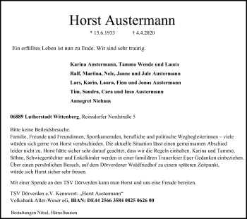Todesanzeige von Horst Austermann von SYK
