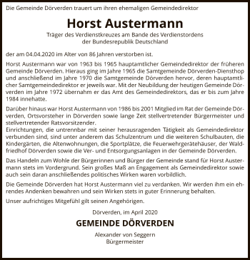 Todesanzeige von Horst Austermann von SYK