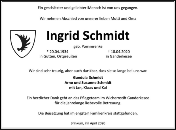 Todesanzeige von Ingrid Schmidt von SYK