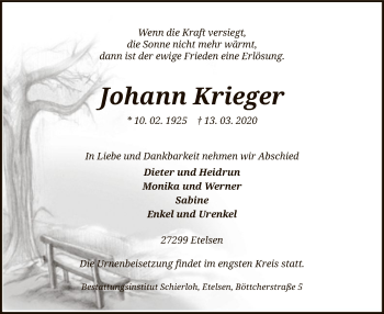 Todesanzeige von Johann Krieger von SYK
