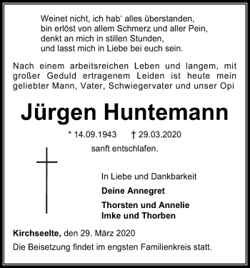 Todesanzeige von Jürgen Huntemann von SYK
