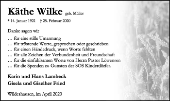 Todesanzeige von Käthe Wilke von SYK