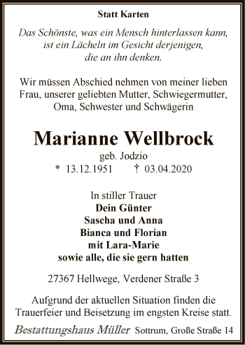 Todesanzeige von Marianne Wellbrock von SYK