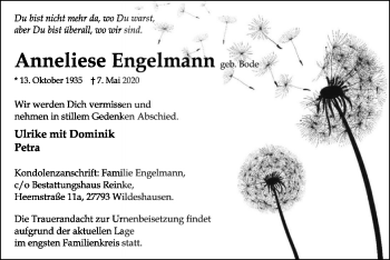 Todesanzeige von Anneliese Engelmann von SYK