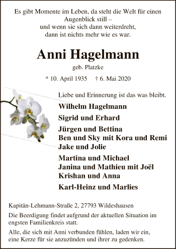 Todesanzeige von Anni Hagelmann von SYK