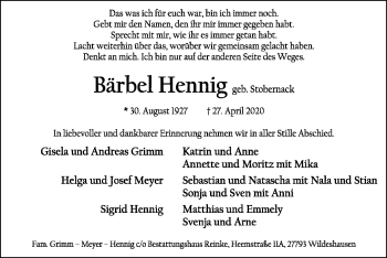 Todesanzeige von Bärbel Hennig von SYK