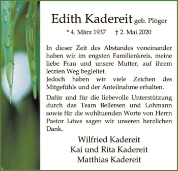 Todesanzeige von Edith Kadereit von SYK