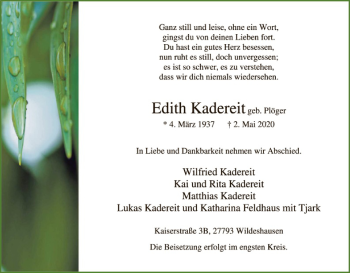 Todesanzeige von Edith Kadereit von SYK