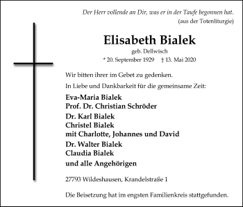 Todesanzeige von Elisabeth Bialek von SYK