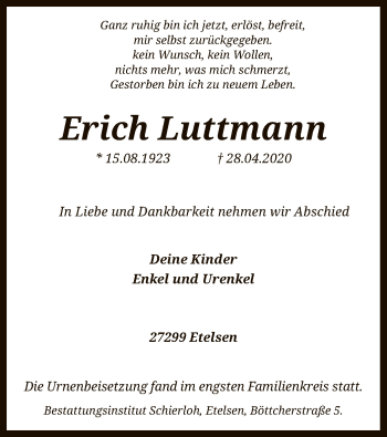 Todesanzeige von Erich Luttmann von SYK