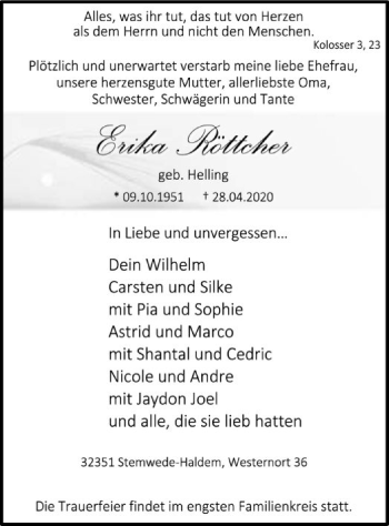 Todesanzeige von Erika Röttcher von SYK