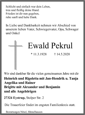 Todesanzeige von Ewald Pekrul von SYK