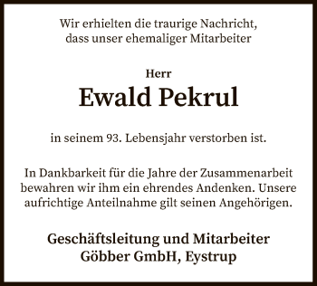 Todesanzeige von Ewald Pekrul von SYK