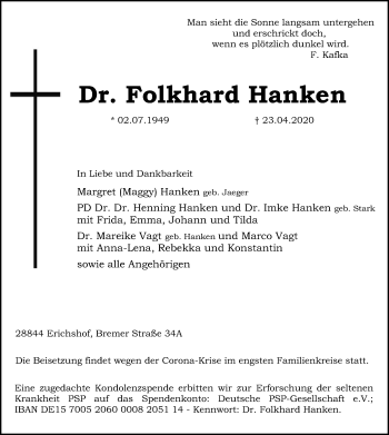 Todesanzeige von Folkhard Hanken von SYK