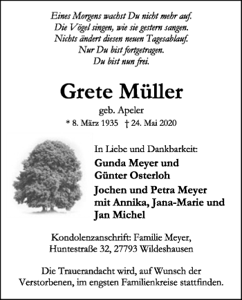 Todesanzeige von Grete Müller von SYK