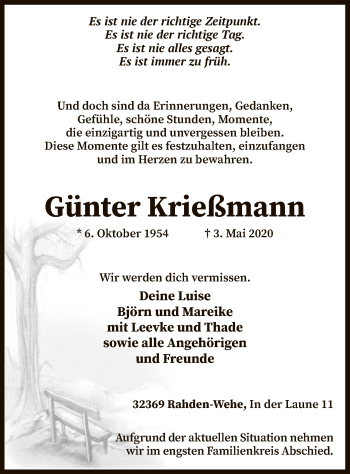 Todesanzeige von Günter Krießmann von SYK