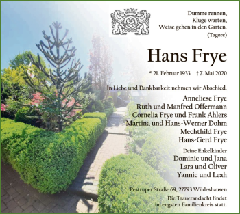Todesanzeige von Hans Frye von SYK