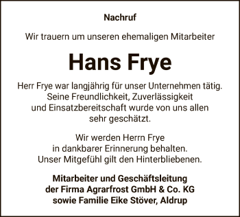 Todesanzeige von Hans Frye von SYK