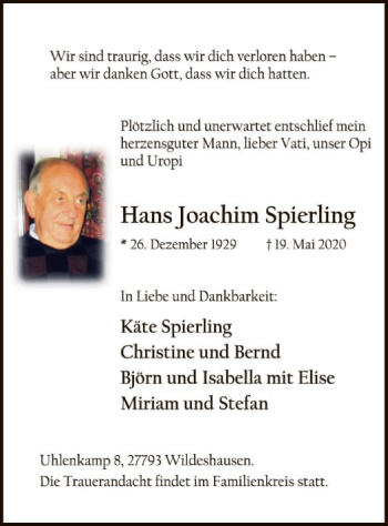 Todesanzeige von Hans Joachim Spierling von SYK