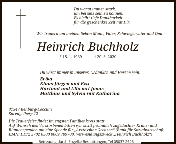 Todesanzeige von Heinrich Buchholz von SYK