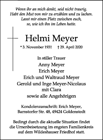 Todesanzeige von Helmi Meyer von SYK