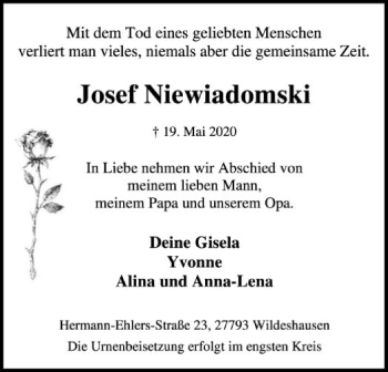 Todesanzeige von Josef Niewiadomski von SYK