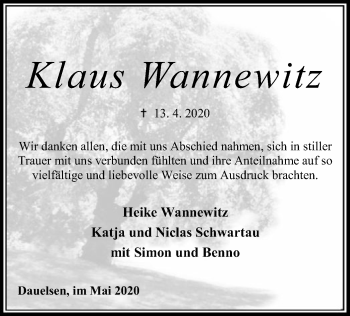 Todesanzeige von Klaus Wannewitz von SYK
