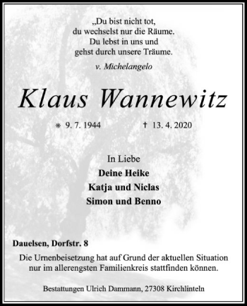 Todesanzeige von Klaus Wannewitz von SYK