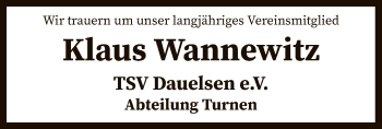 Todesanzeige von Klaus Wannewitz von SYK