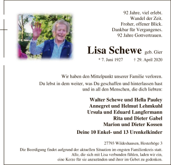 Todesanzeige von Lisa Schewe von SYK