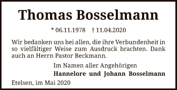 Todesanzeige von Thomas Bosselmann von SYK