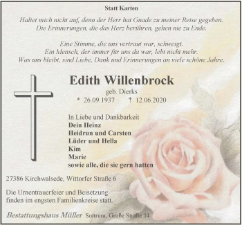 Todesanzeige von Edith Willenbrock von SYK