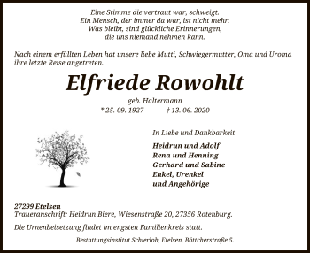 Todesanzeige von Elfriede Rowohlt von SYK