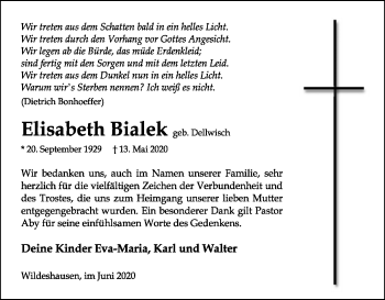 Todesanzeige von Elisabeth Bialek von SYK
