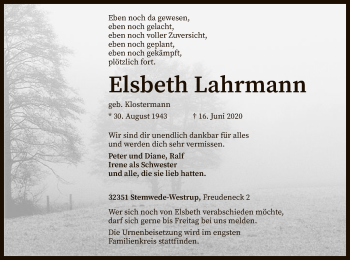 Todesanzeige von Elsbeth Lahrmann von SYK